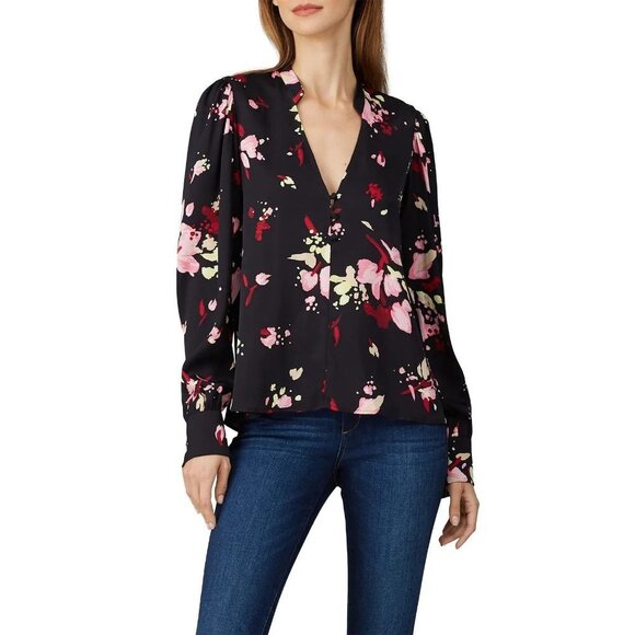 ALC Rivera Black Pink Floral Print Long Sleeve 100% Silk Blouse Women's Size 8 - Picture 1 of 11